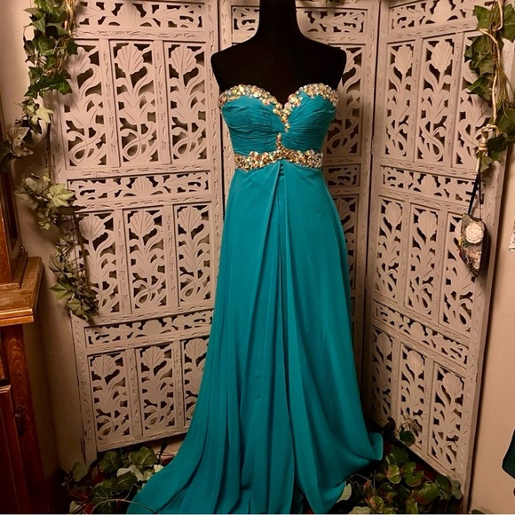 BLUSH PROM JAZZY JEWELS TURQUOISE GREEN STRAPLESS MAXI FORMAL PROM DRESS GOWN - Picture 1 of 11